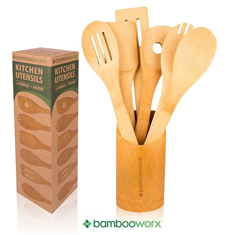 Bambooworx Bamboo Cooking Utensils Set 6 Pieces Holder Wooden