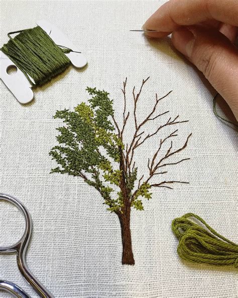 Tree Embroidery A Tiny Little Leaves Stitching Silk Ribbon Embroidery