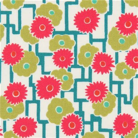 Moda Lime Green And Pink Flower Fabric With Pattern Design By Moda