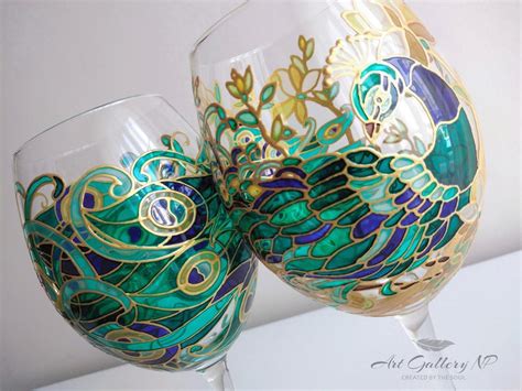 Set Of 2 Peacock Wine Glasses Personalized T For Couple Etsy
