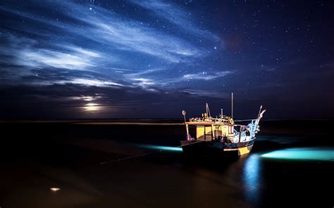 Boat Stars Night Moonlight Ocean Hd Wallpaper Nature And Landscape