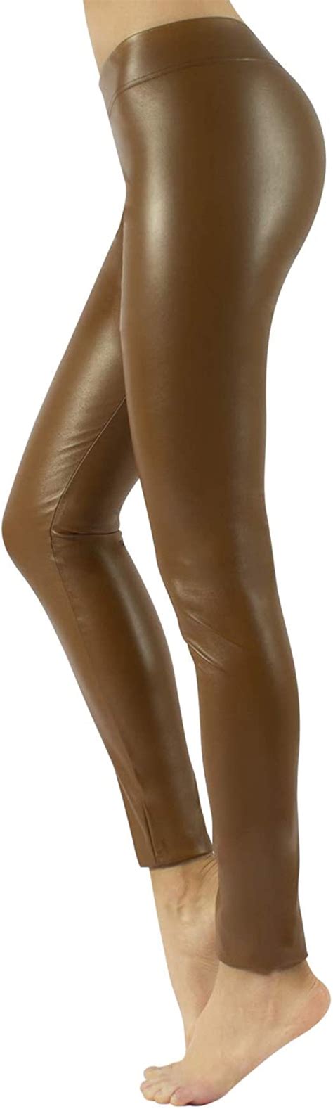 Womens Leather Leggings Stretchy Faux Leather Pants Brown Xs S M
