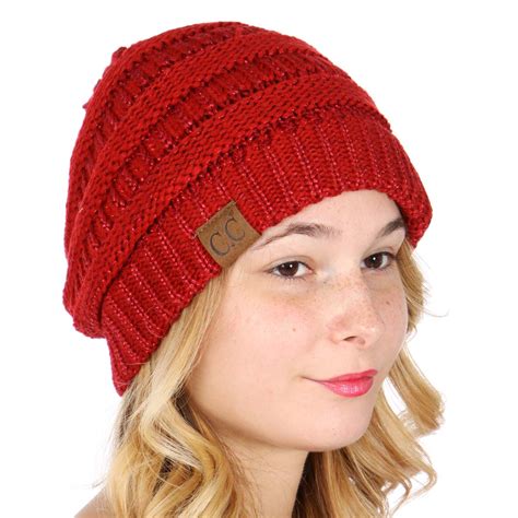 Red Metallic Yarn Knit CC Beanie Hat