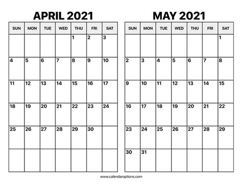 April And May 2021 Calendar Calendar Options