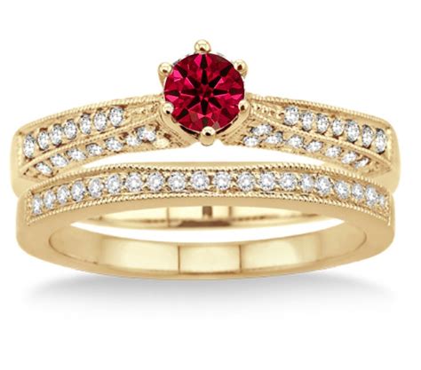 2 Carat Ruby And Diamond Antique Bridal Set Engagement Ring On 10k Yellow
