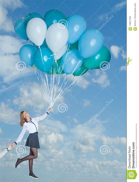 Cute Woman Holding Balloons And Flying Up Stock Photo Image Of Female