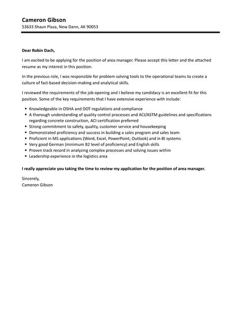 Area Manager Cover Letter Velvet Jobs