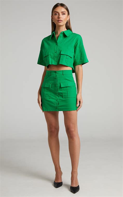 Navine Button Front Crop Top And Cargo Pocket Mini Skirt Two Piece Set