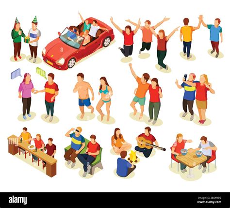 Teenagers Friends Having Fun Together Isometric Icons Set Isolated On White Background Vector