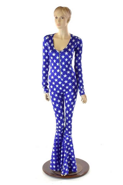 Blue And White Star Catsuit With Long Sleeves Bell Bottom Etsy