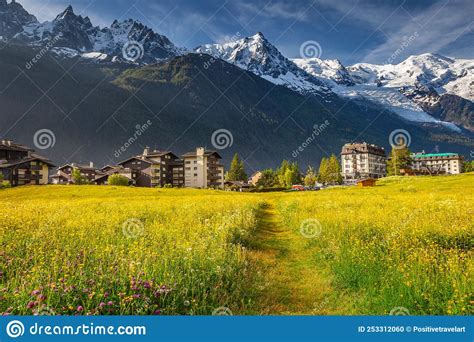 Chamonix Village And Mont Blanc Massif In Haute Savoie French Alps