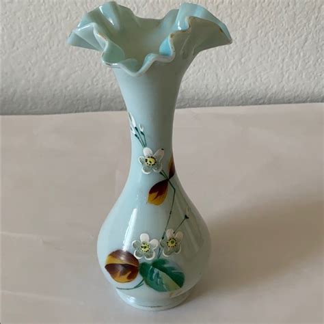 Fenton Accents Vintage Fenton Fluted Hand Painted Blue Glass Vase