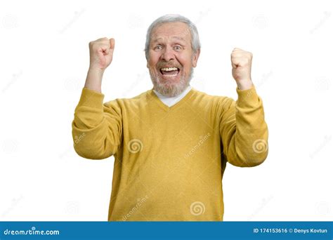 Portrait Of Extremely Happy Grandpa Rejoicing Success Stock Photo