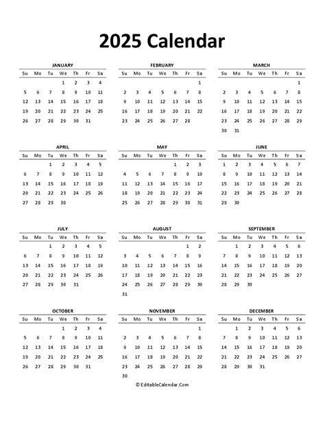 Word Calendar 2025 Editable Crissy Noelyn