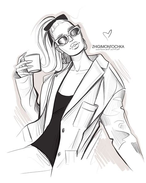A Black And White Drawing Of A Woman In Sunglasses Holding A Cup With