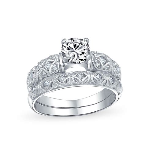 Vintage Style 1ct Round Solitaire Filigree Aaa Cz Engagement Wedding Band Ring Set For Women 925