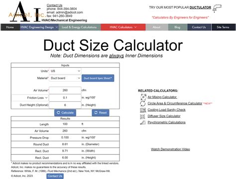 Duct Size Ductulator Adicot Inc