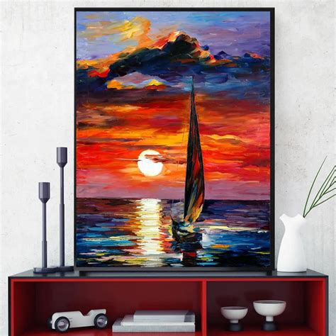 Sunset Oil Painting Print Canvas Multicolor Artwork Sailboat Knife