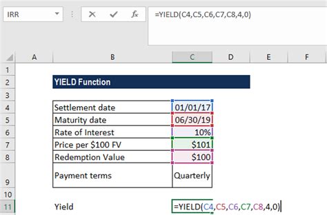 yield function formula examples calculate yield in excel
