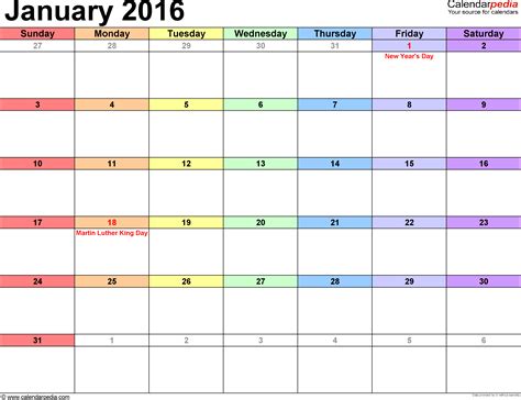 January 2016 Calendar | Templates for Word, Excel and PDF