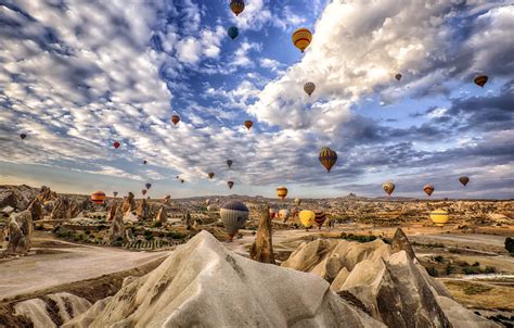 Wallpaper The Sky Clouds Mountains Balloon Rocks Turkey