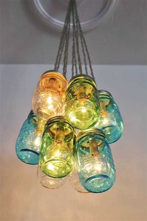 Sea Glass Mason Jar Chandelier Upcycled Hanging Chandelier Etsy