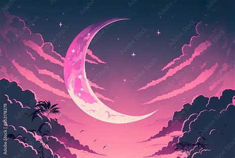 Background Of Pink Sky With A Crescent Moon Generative Ai Stock