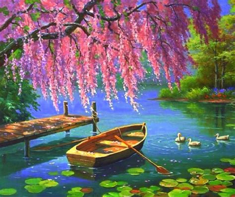 Pink Blossoms A Lake And A Boat For Two The Perfect Setting To