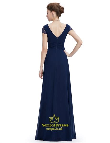 Navy Blue Sleeveless V Neck Sequin Bodice Evening Dress With Cap