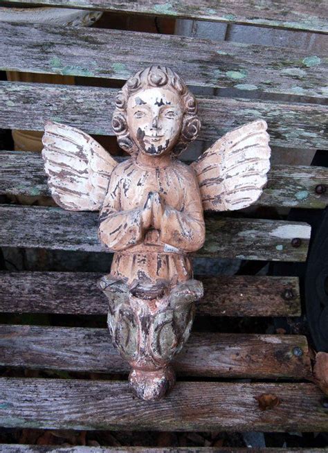 Antique Angel Primitive Folk Art Hand Carved Wooden Praying Angel