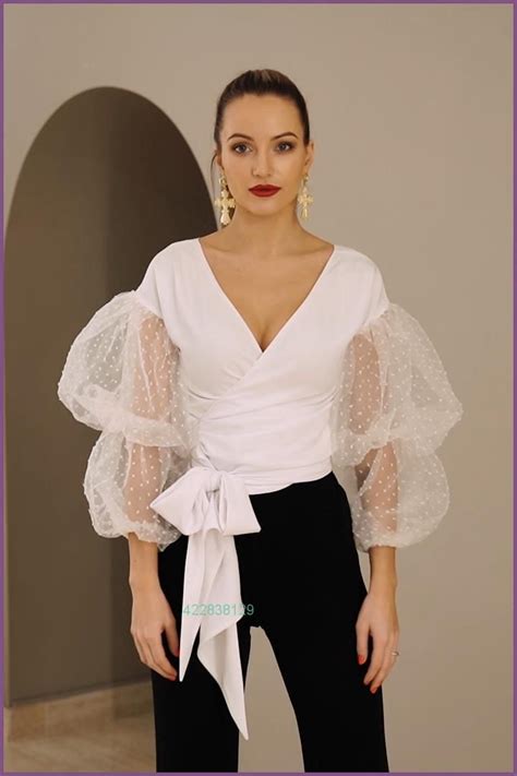 White Tulle Sleeves Top Wedding Guest Outfit Wrap Blouse Elegant