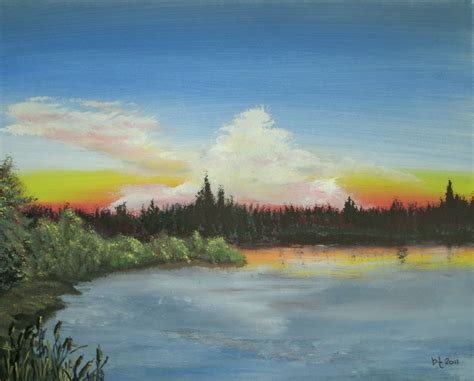 Sunset Lake Acrylic On Canvas In Acrylic Artwork