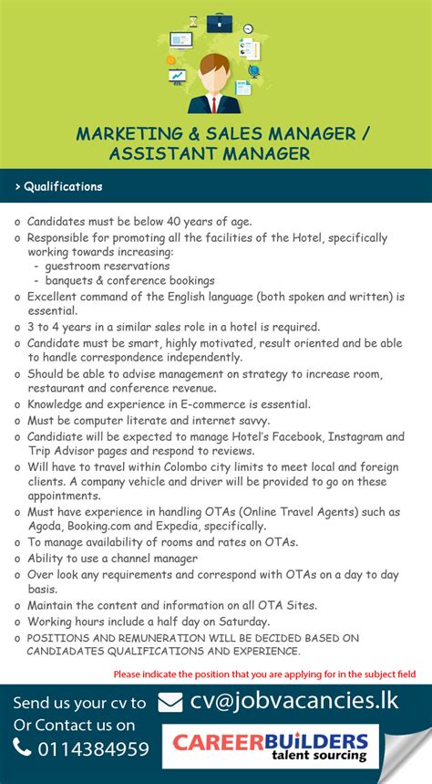 Recommend product or service enhancements to improve customer satisfaction and sales potential. Marketing & Sales Manager/ job vacancy at Career Builders ...