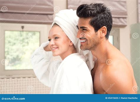 Couple Embrassing After Shower Attractive Couple After Morning Shower