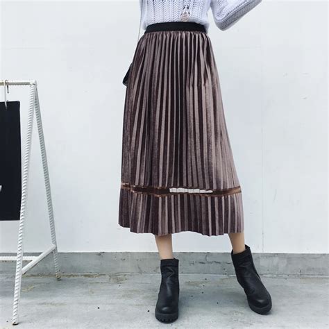 Korean Style Women Velvet Pleated Skirt 2018 Mesh Stitching High Waist A Line Big Swing Long