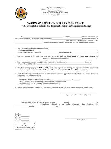 sworn application  tax clearance individual