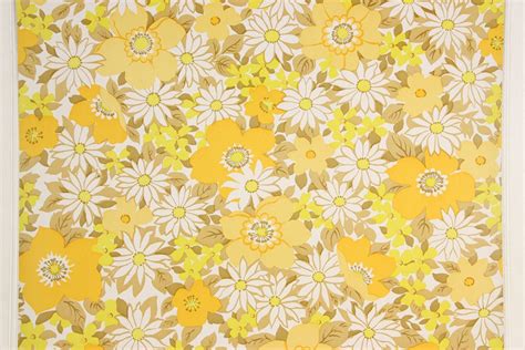 1970s Vintage Wallpaper Retro Yellow And White Flowers