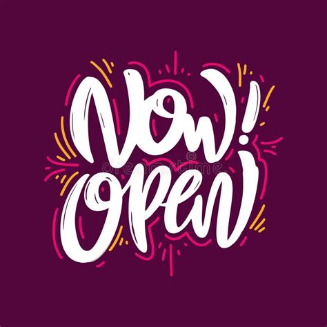 Now Open Banner Hand Drawn Vector Lettering Phrase Isolated On Purple