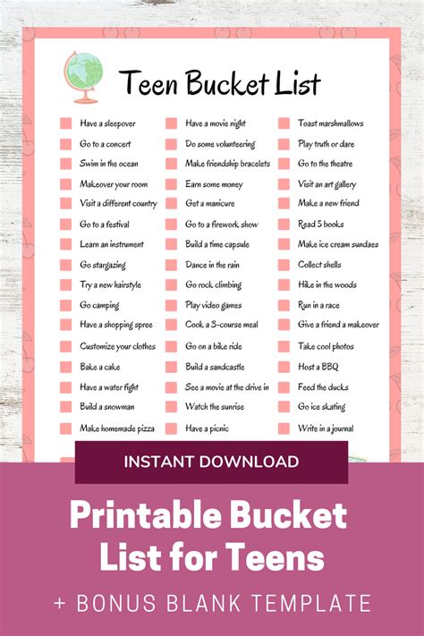 Printable Bucket List For Teenagers Summer Break Ideas Life Goals