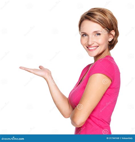 Portrait Of Adult Happy Woman With Presentation Gesture Stock Photo