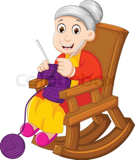 Funny Grandmother Cartoon Knitting In A Rocking Chair Stock Vector
