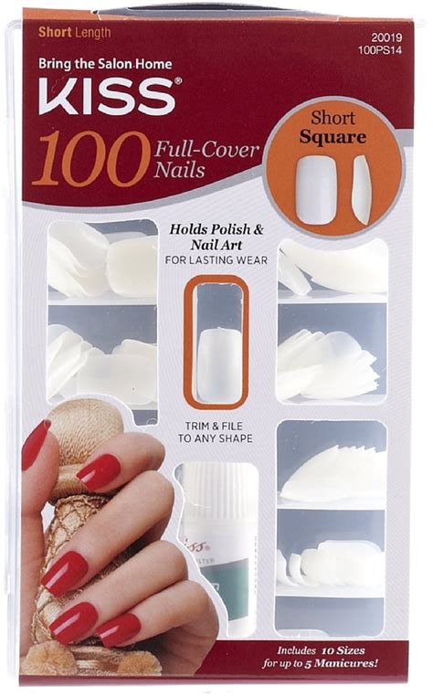 6 Pack Kiss 100 Full Cover Nails Kit Short Length Square 1 Ea
