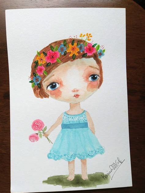Watercolor Painting Whimsical Girl Folk Art Girl Original Ooak