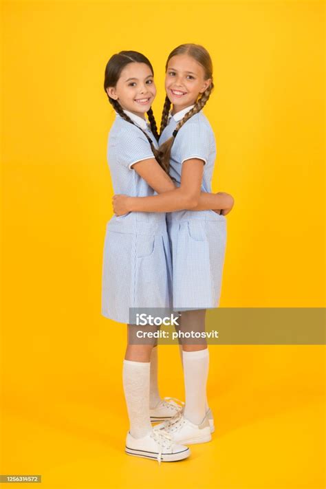 Friendly Hug Beautiful Schoolgirls Best Friends Back To School Concept