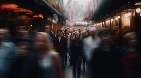 Blurry Image On A Street Of People Coming Together At Night Background