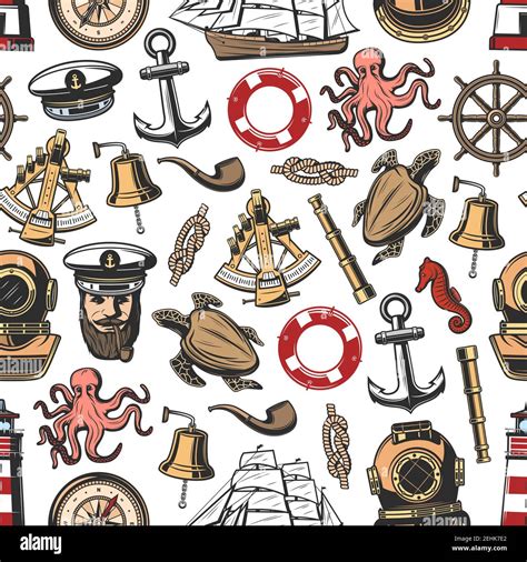 nautical seamless pattern background with vintage marine items anchor helm and rope sail ship