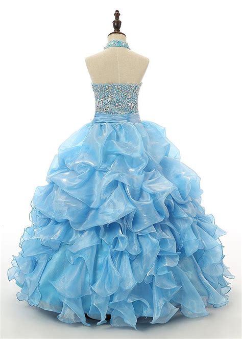 Turquoise Pageant Dresses For Girls Ruffles Crystal Kids Ball Gowns