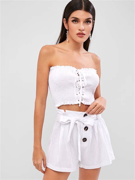Zaful Lace Up Shirred Bandeau Top And Shorts Set White Affiliate