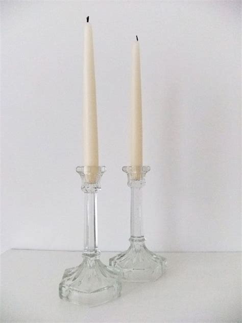 Pair Of Pressed Glass Candlesticks Set Of 2 Moulded Glass Candle Holders Molded