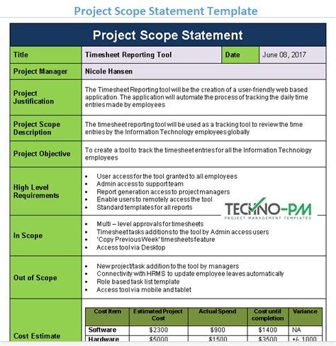 Project Scope Statement Template Project Management Templates